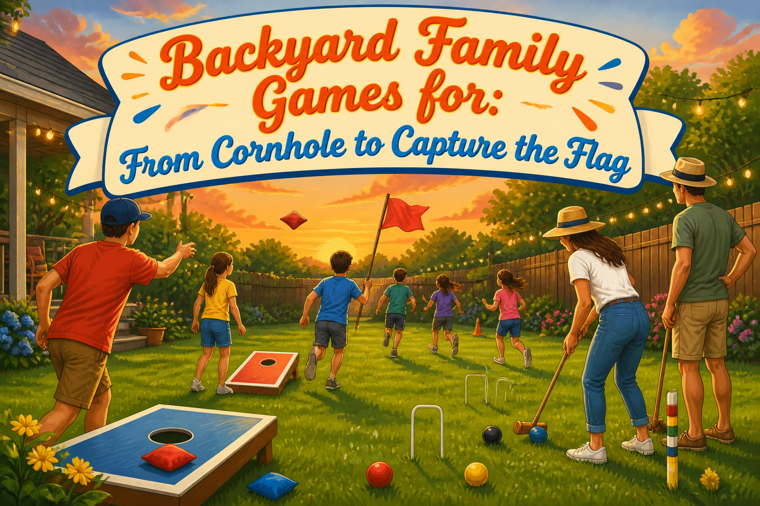 Various backyard games set up on a sunny lawn.