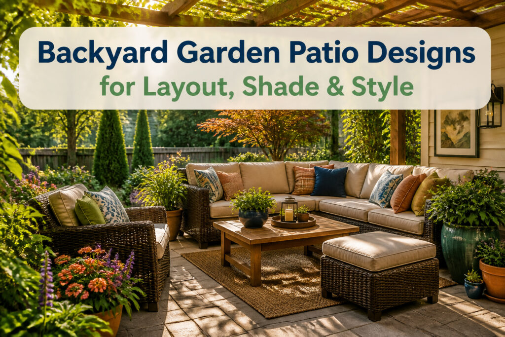 A backyard patio featuring various seating areas and lush greenery.