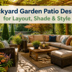 A backyard patio featuring various seating areas and lush greenery.