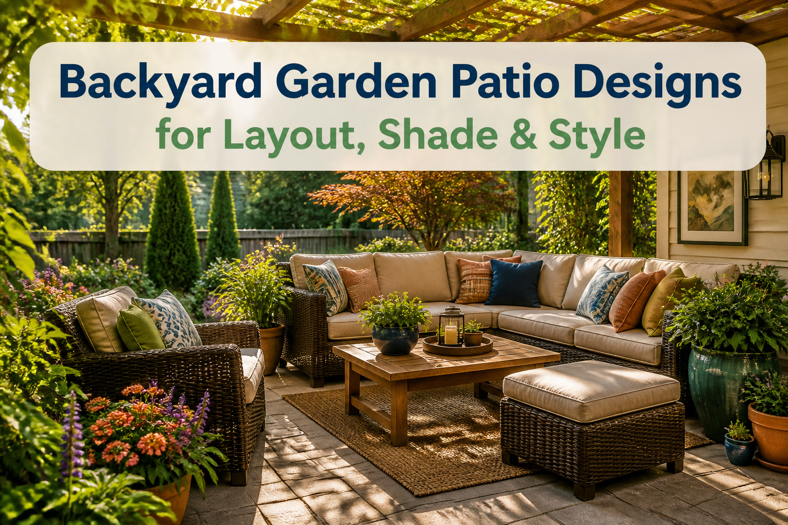A backyard patio featuring various seating areas and lush greenery.