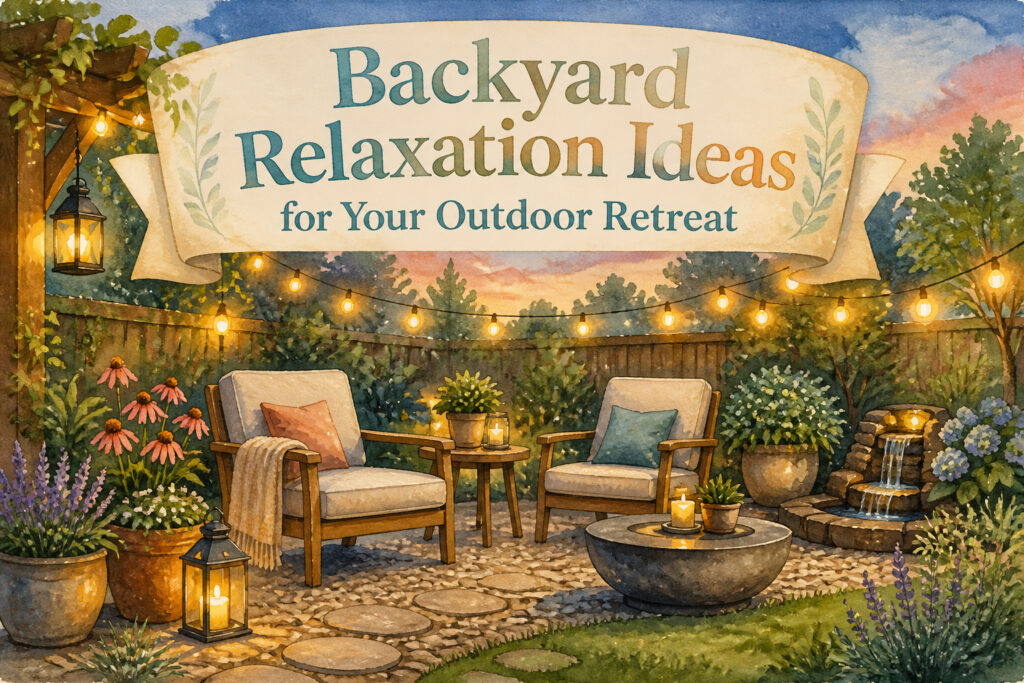 A backyard setup with various relaxation features including seating and greenery.