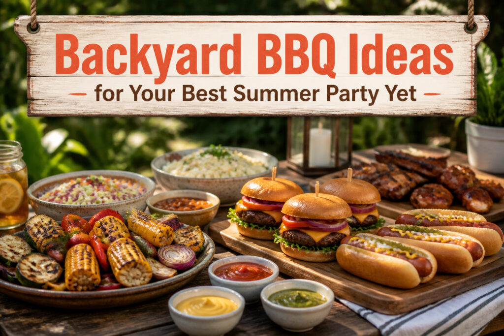 A backyard BBQ setup featuring food and decorative elements.
