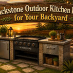A collage of different Blackstone outdoor kitchen setups.