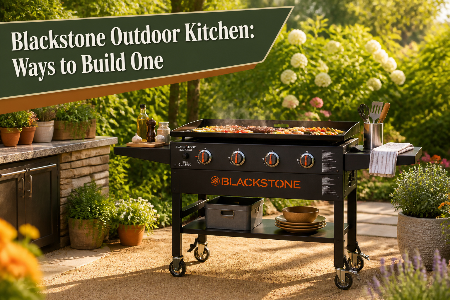 An outdoor kitchen featuring a Blackstone griddle and modular cabinets.
