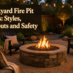 A backyard fire pit with modern chairs and gravel surrounding it.