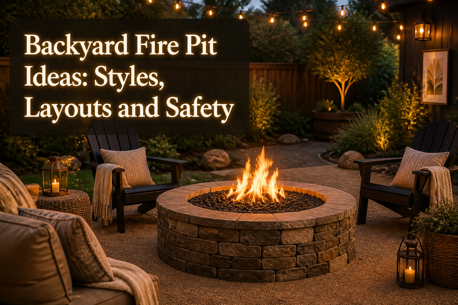 A backyard fire pit with modern chairs and gravel surrounding it.