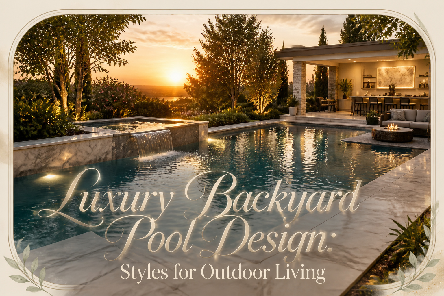 A luxury backyard pool with various design elements and landscaping.