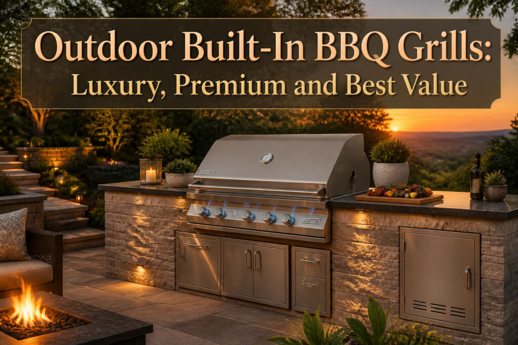 An outdoor kitchen with a built-in BBQ grill and stone countertops.