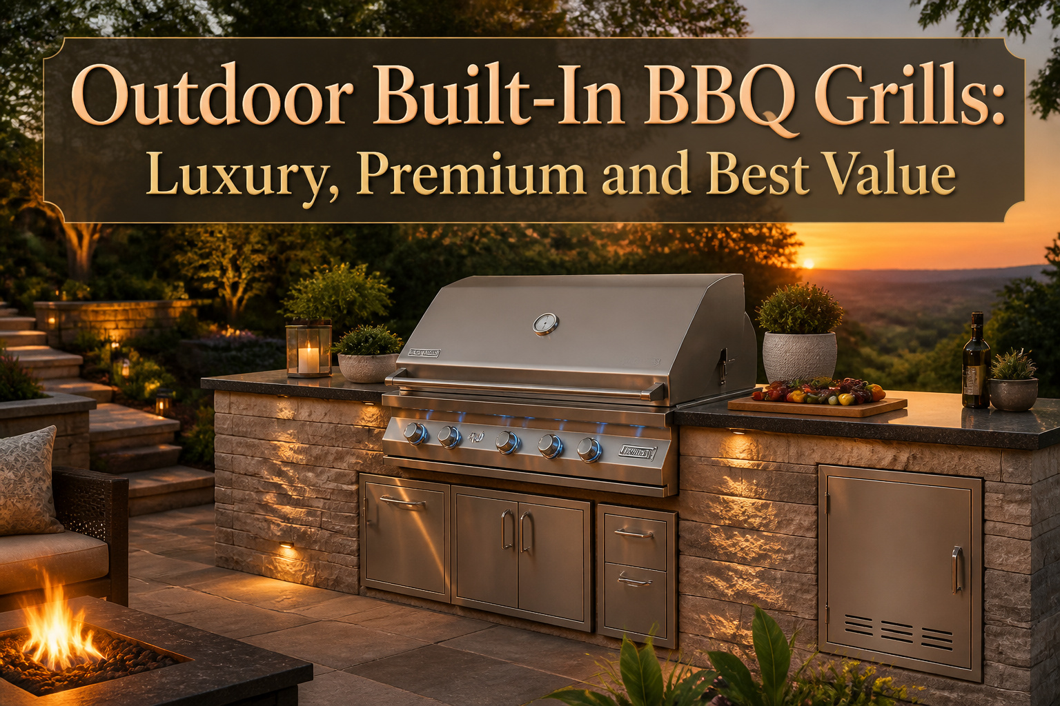 An outdoor kitchen with a built-in BBQ grill and stone countertops.