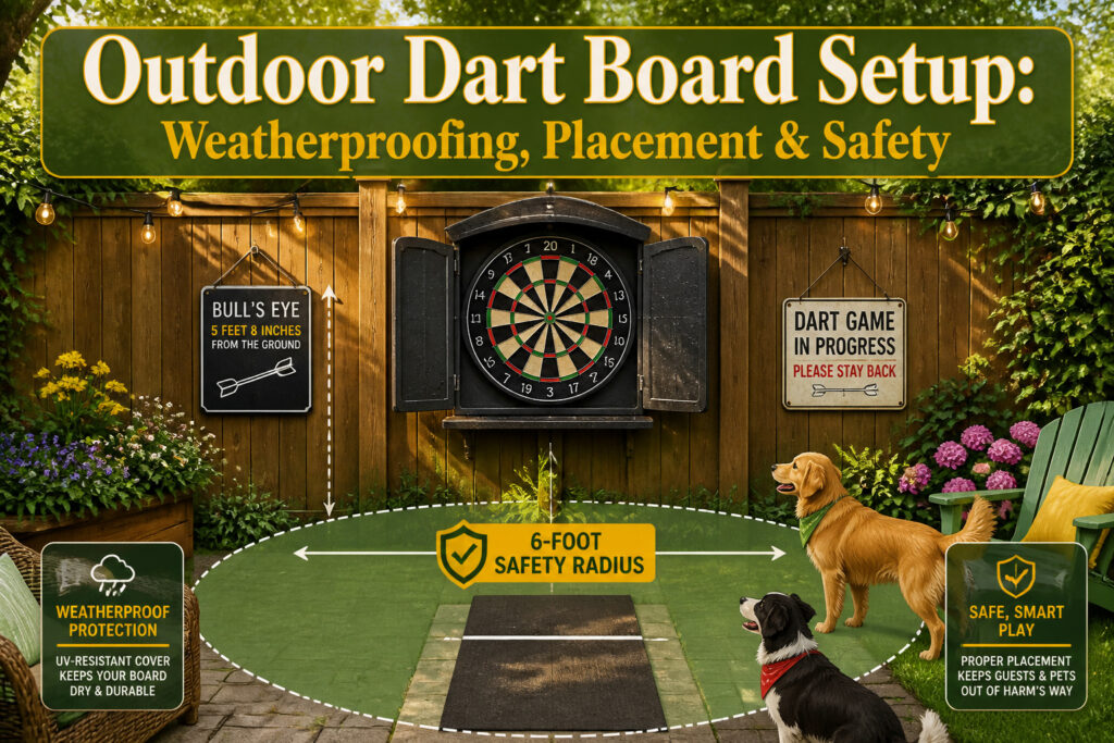 An outdoor dartboard setup with a weatherproof cover and surrounding area.