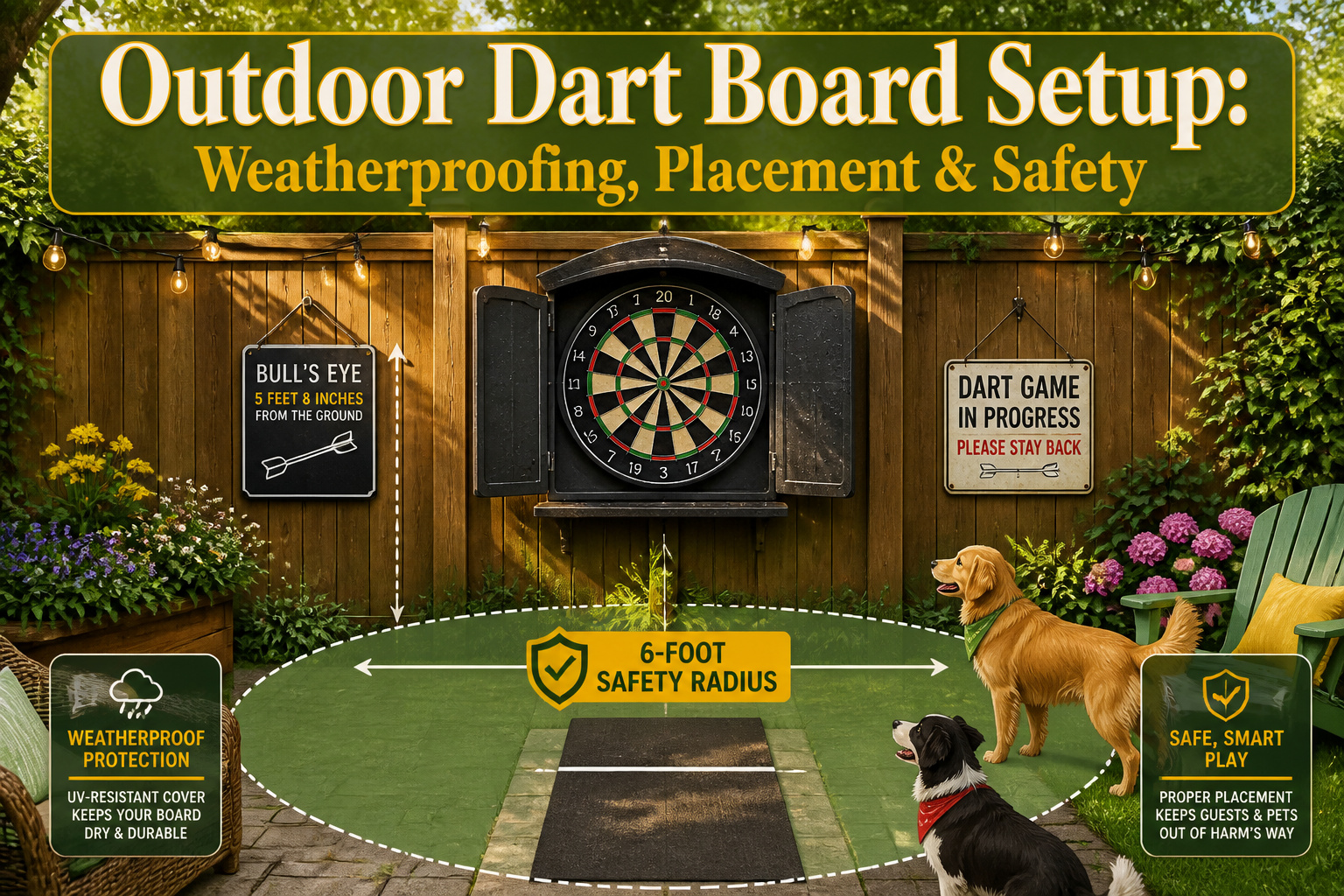 An outdoor dartboard setup with a weatherproof cover and surrounding area.