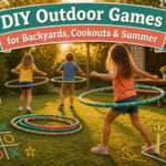A backyard scene showcasing various DIY outdoor games for summer.
