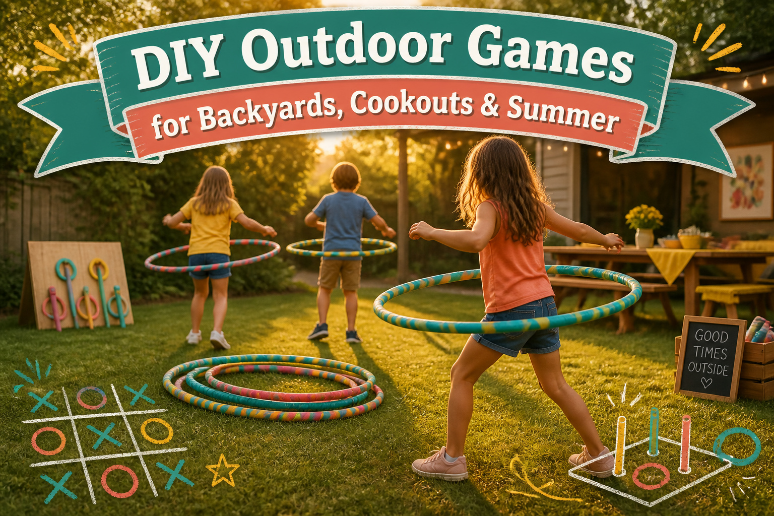 A backyard scene showcasing various DIY outdoor games for summer.