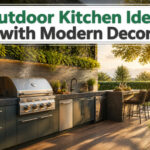 A collection of modern outdoor kitchens with various designs and materials.