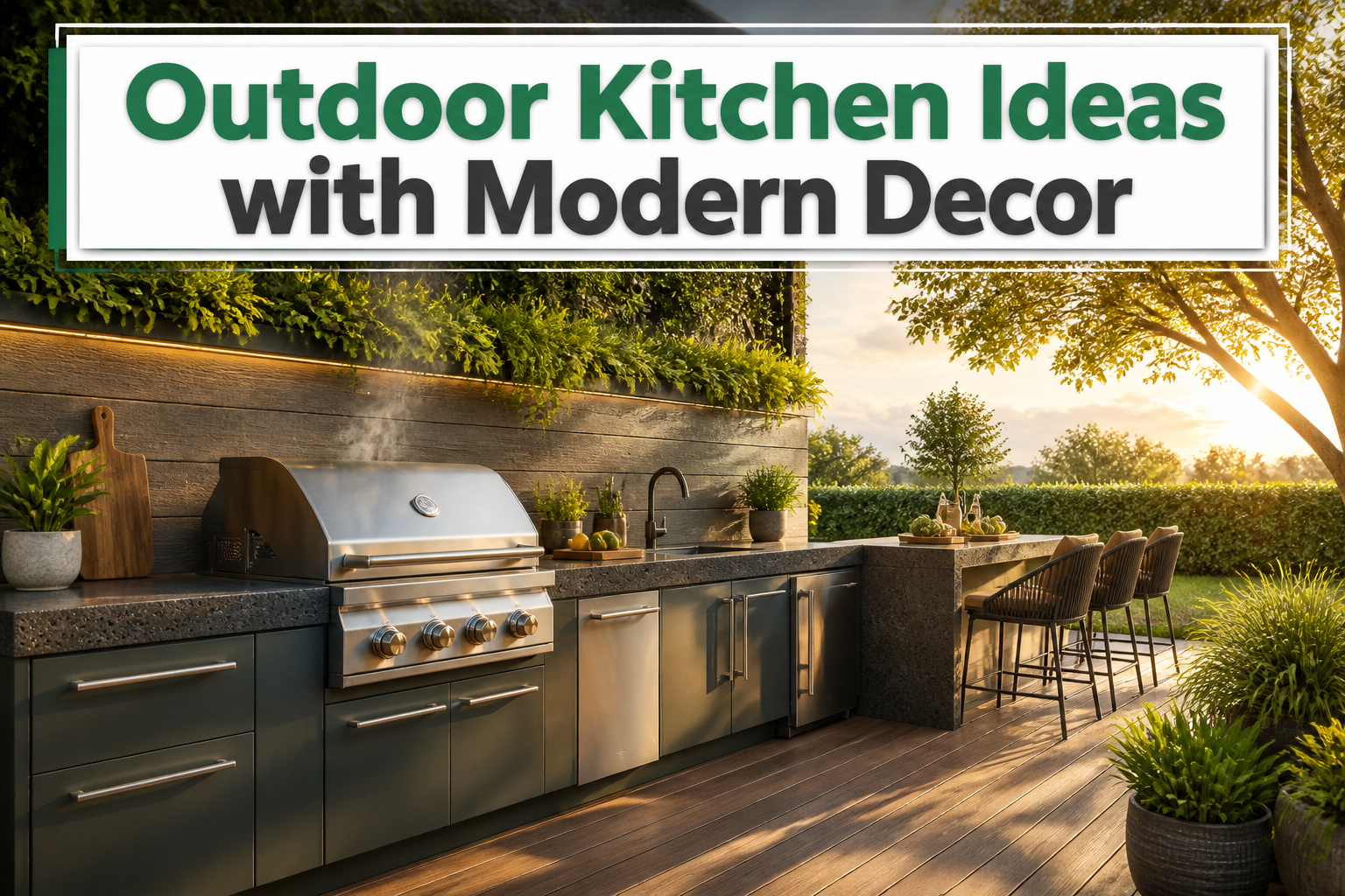 A collection of modern outdoor kitchens with various designs and materials.