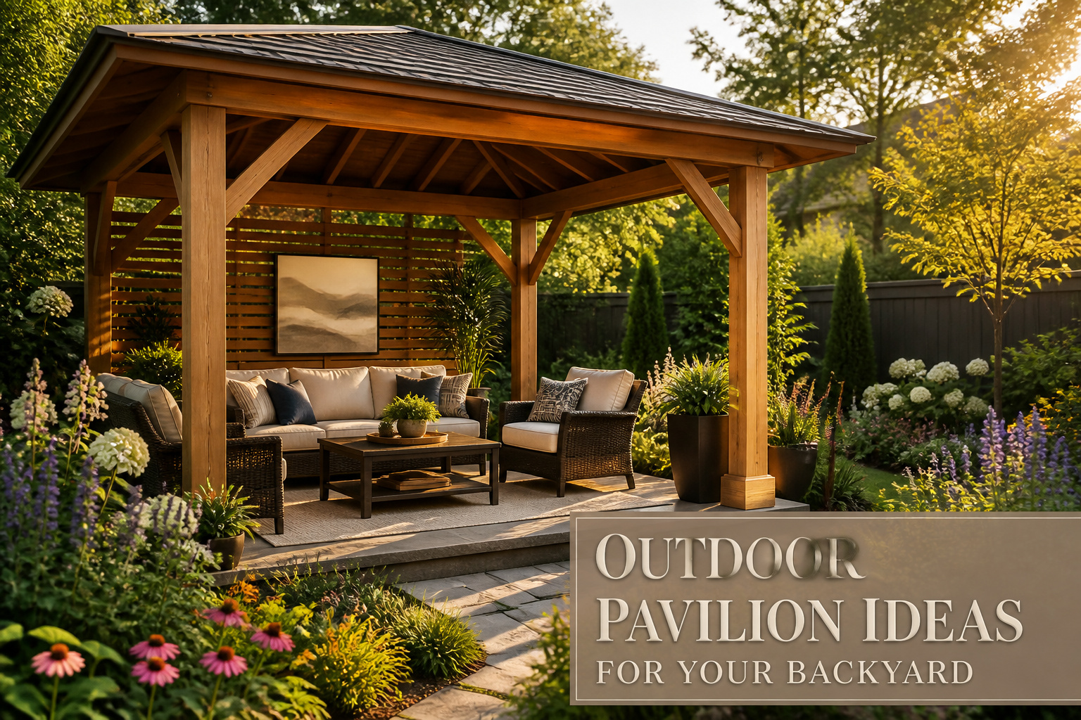 A variety of outdoor pavilions surrounded by lush greenery.