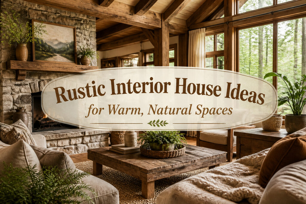 A rustic interior featuring natural materials and warm earthy tones.