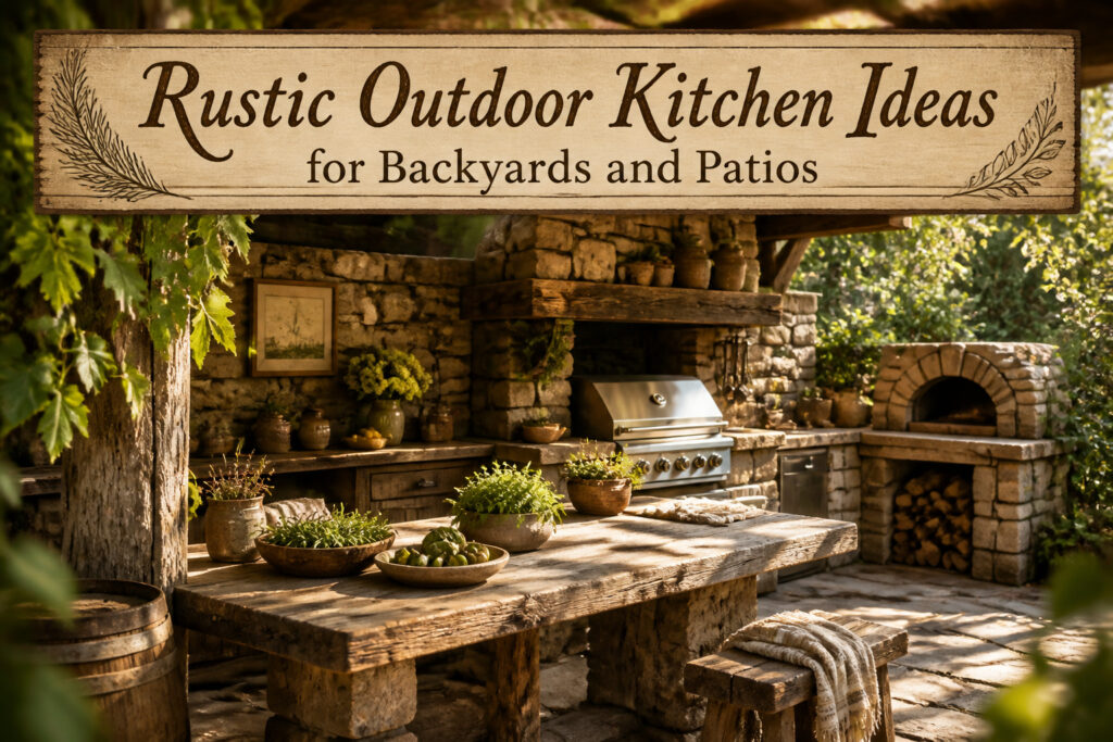 Collage of various rustic outdoor kitchens showcasing natural materials.