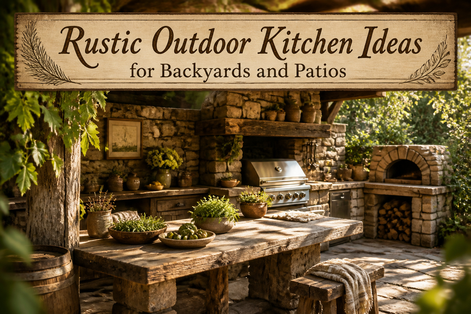 Collage of various rustic outdoor kitchens showcasing natural materials.