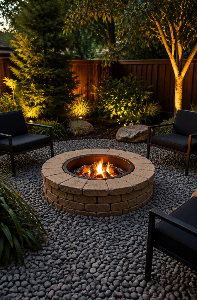 A circular fire pit made of pavers surrounded by gravel and chairs.