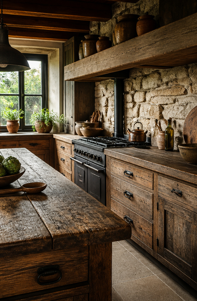 A rustic kitchen with wooden cabinetry and a stone backsplash.
