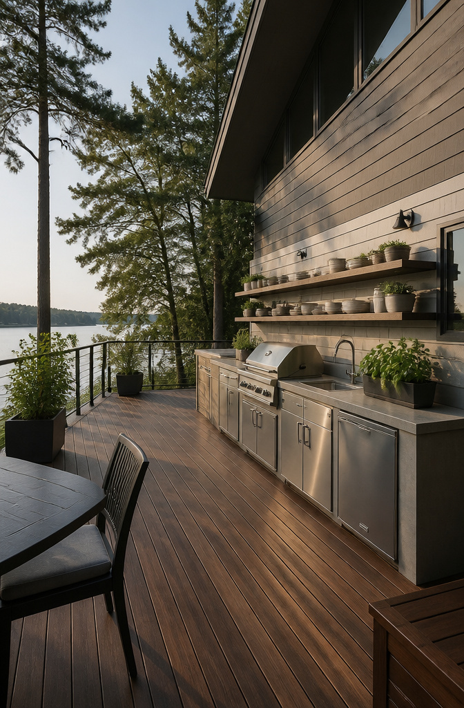 A straight layout for an outdoor kitchen with appliances lined up.