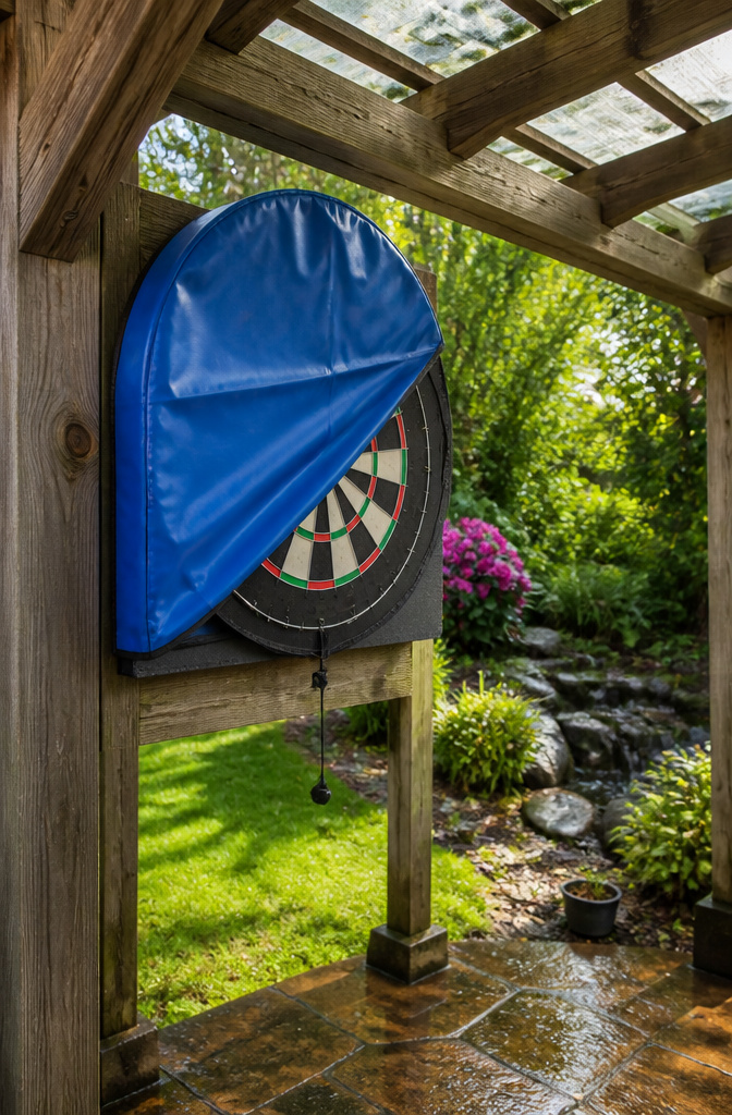 An outdoor dartboard under a gazebo with a weatherproof cover.