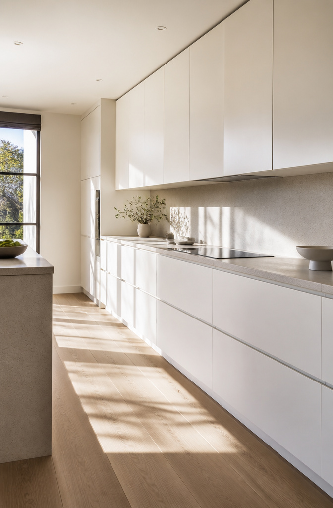 A sleek kitchen with handleless cabinets and a bright white surface.