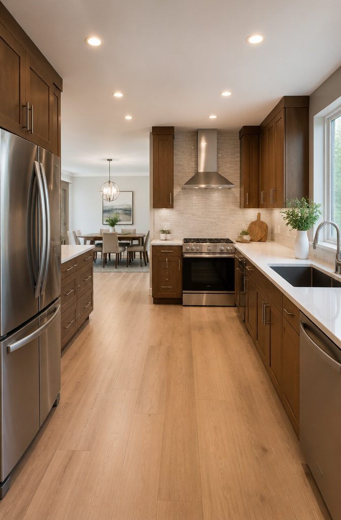 A well-organized kitchen with a triangle layout of sink, stove, and refrigerator.
