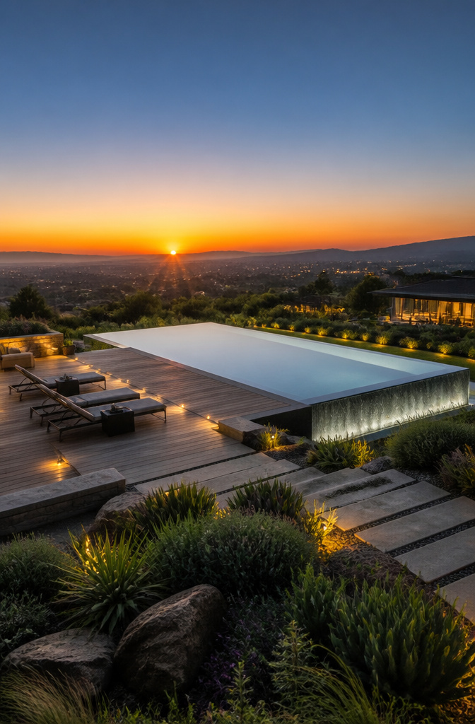 Infinity edge pool with water overflowing into a hidden catch basin.