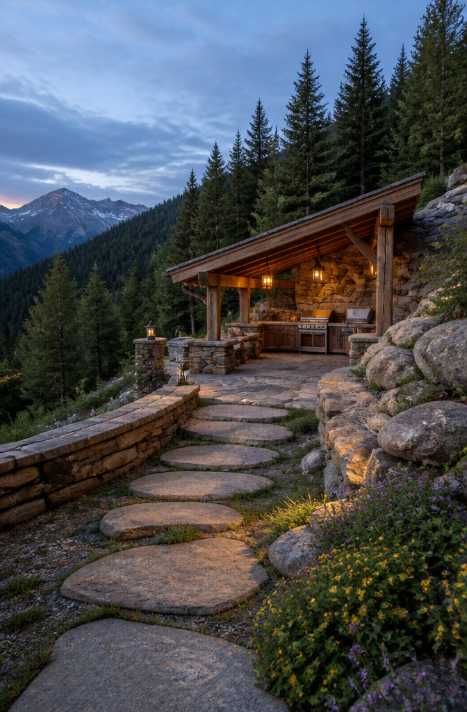 Alpine outdoor kitchen with heavy timber framing and natural stone.