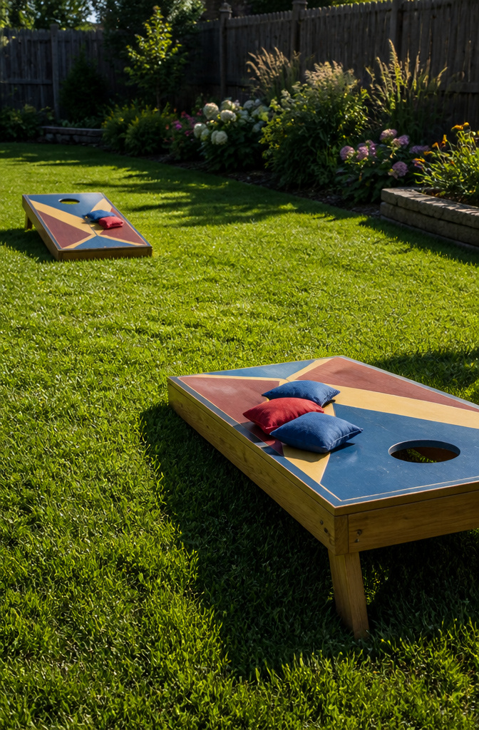 Two cornhole boards with bags on a green lawn.
