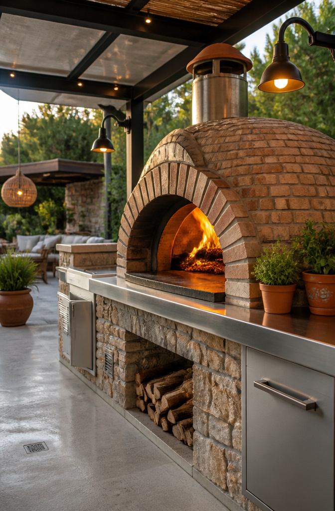 A wood-fired pizza oven surrounded by modern outdoor kitchen elements.
