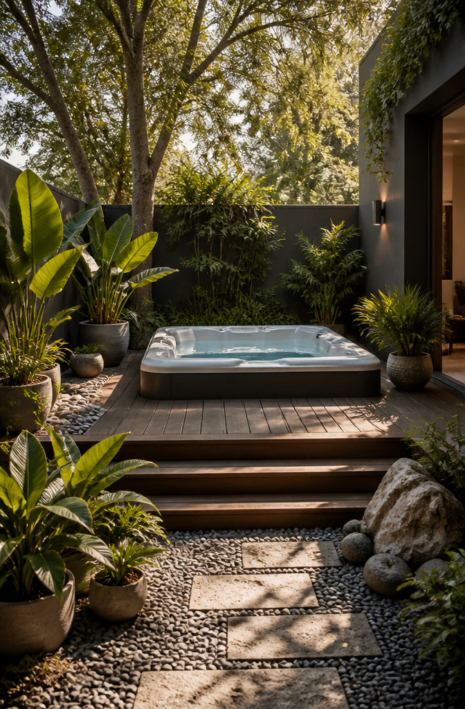 A hot tub surrounded by greenery in a backyard.