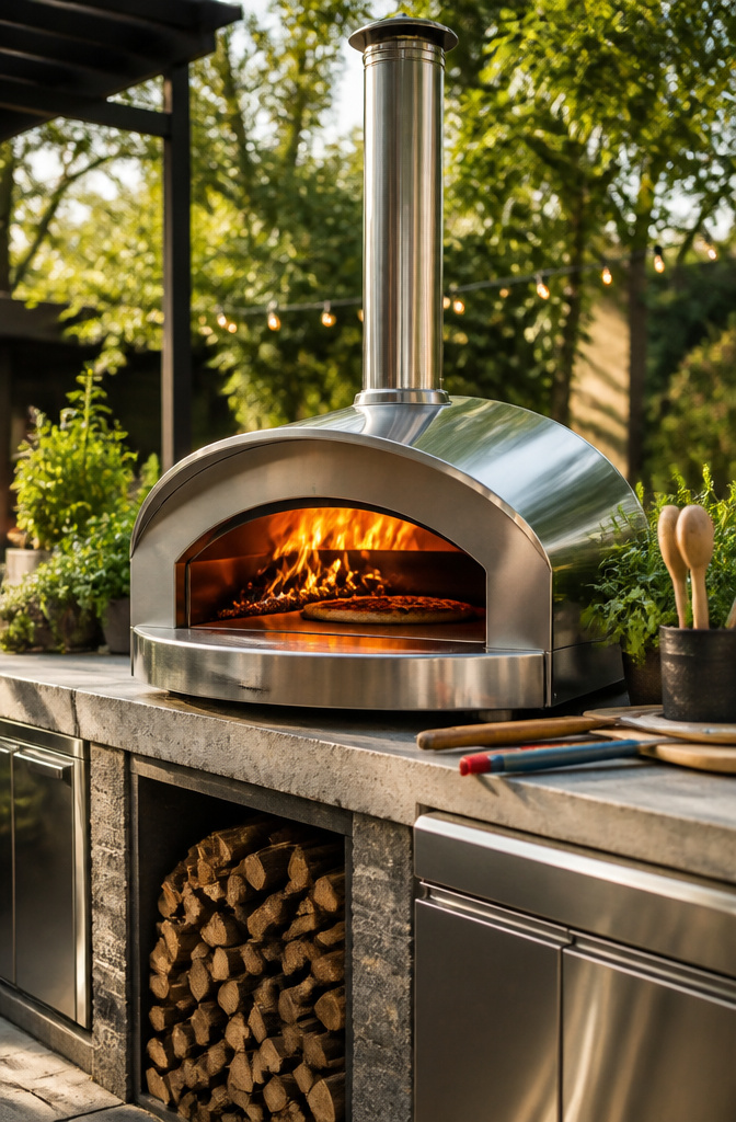 Wood-fired pizza oven with a brick exterior and a glowing fire inside.