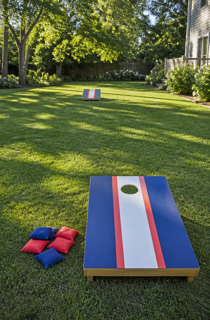 Two cornhole boards with colorful designs placed on a lawn.