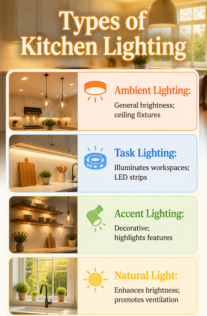 Illustration of different types of kitchen lighting setups.