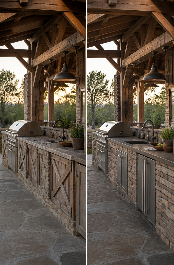 Outdoor kitchen featuring reclaimed barnwood and natural stone surfaces.