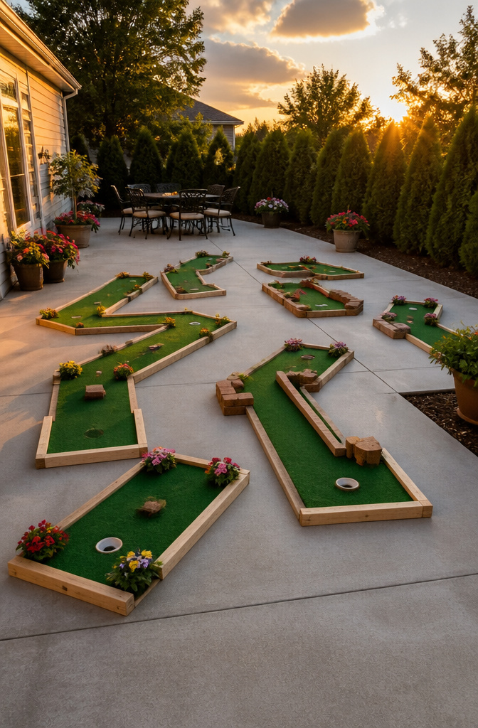 A DIY mini golf course with framed holes and ramps.