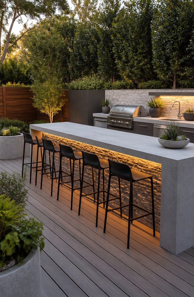 A bar-style outdoor kitchen featuring a long counter and stools.