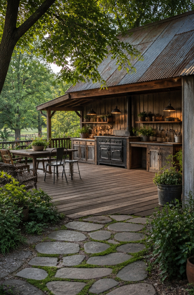 An outdoor kitchen with reclaimed barn siding and corrugated metal.