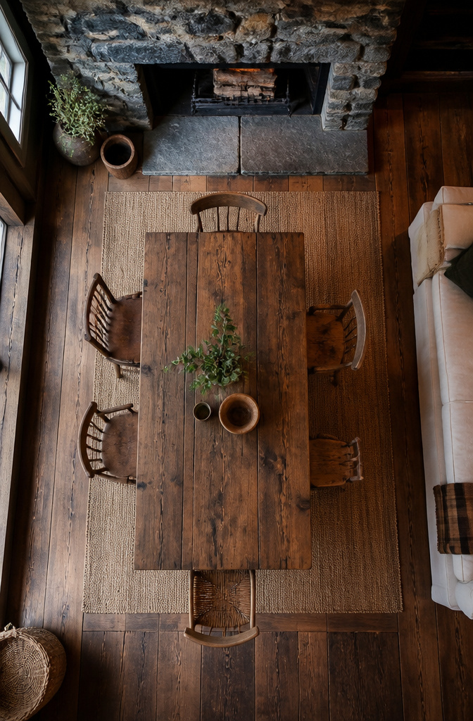 A rustic interior showcasing reclaimed wood and stone elements.