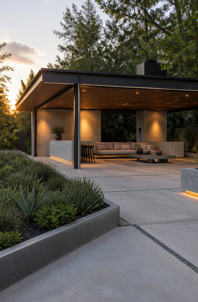 Striking modern pavilion with flat roofing and contemporary landscaping.