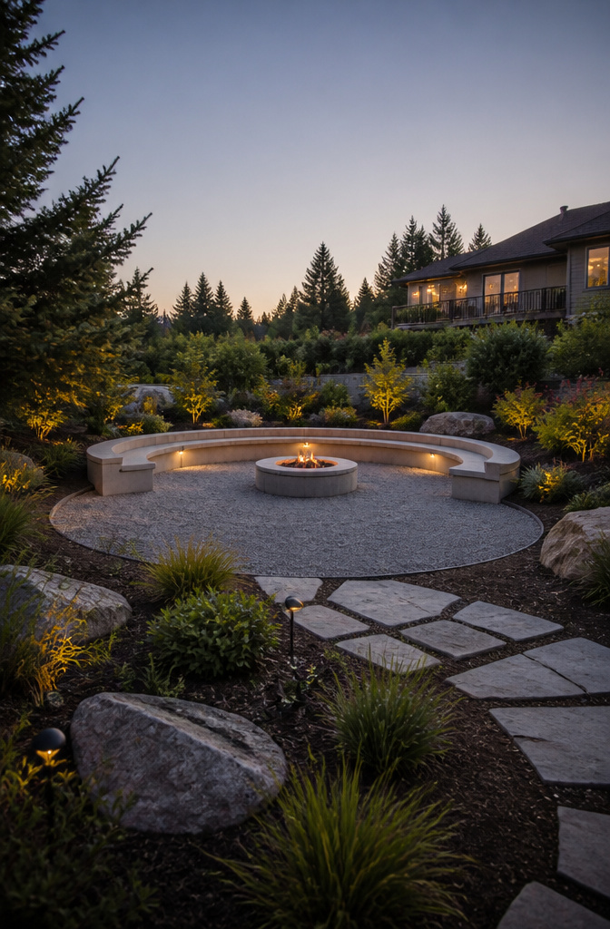 A built-in fire pit surrounded by seating walls in a landscaped area.