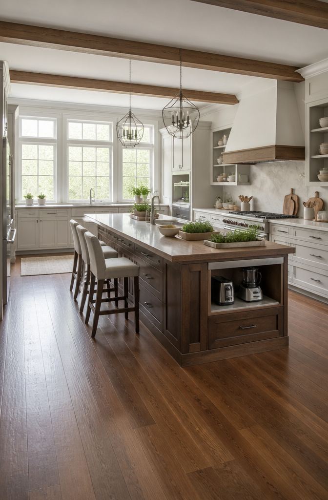 A kitchen island with drawers, overhang, and a pop-up shelf.
