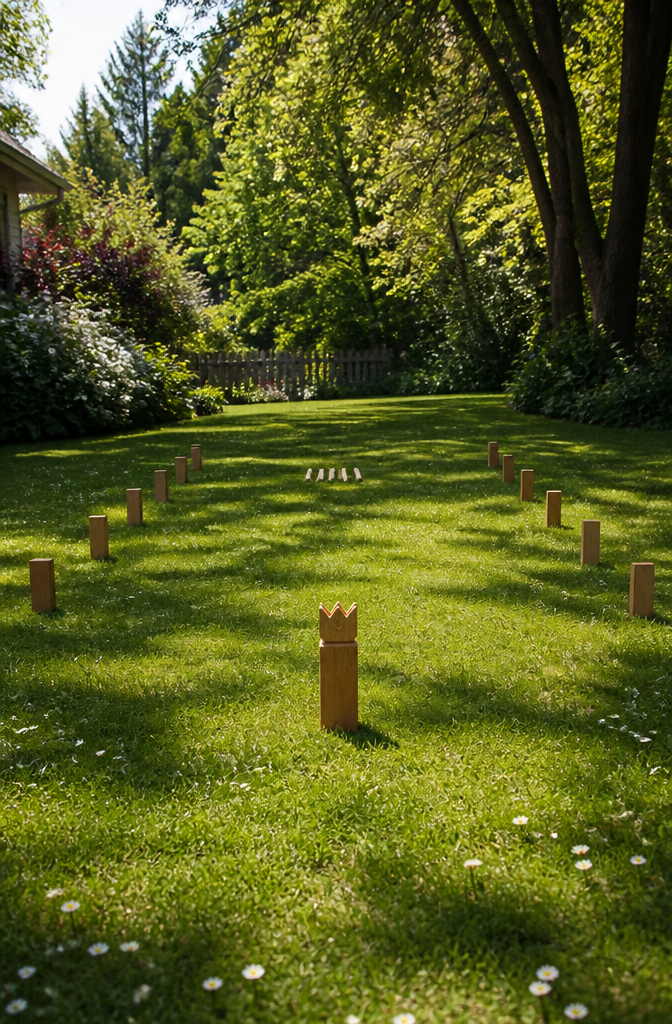 Wooden blocks lined up for a Kubb game on green grass.