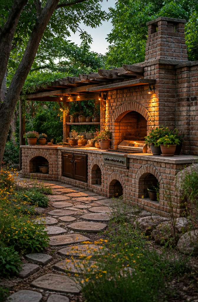 Open-air kitchen constructed from aged bricks with a grill station.