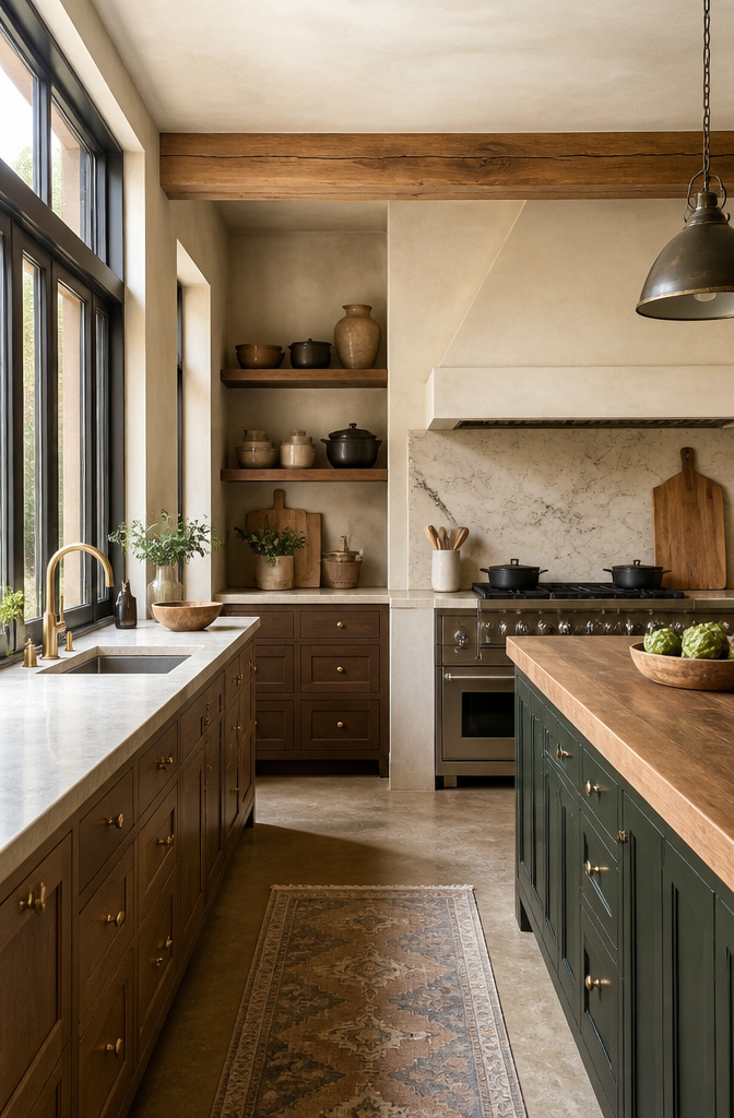Kitchen featuring sustainable materials such as bamboo cabinets and glass countertops.
