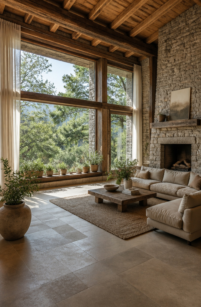 A rustic interior with large windows offering views of the outdoors.