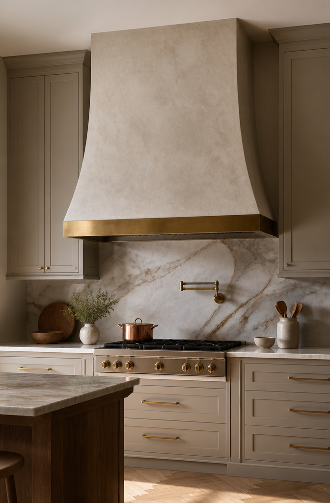 A kitchen featuring a custom range hood with Venetian plaster.